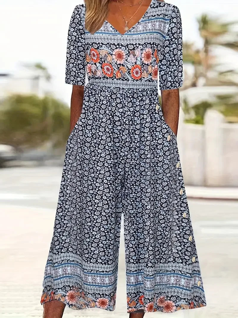 Nerina – Kombinezon w Stylu Vintage Boho z Kwiatowym Nadrukiem